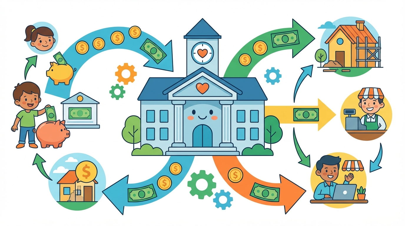 A diagram showing a circular flow: A girl giving money to a bank building, the bank giving money to a baker, the baker selling bread, and money returning to the bank.