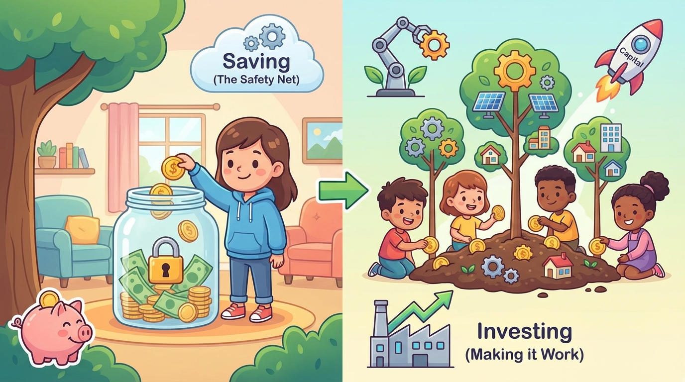 A split illustration showing a piggy bank on the left representing safety, and a small plant growing coins as leaves on the right representing growth.