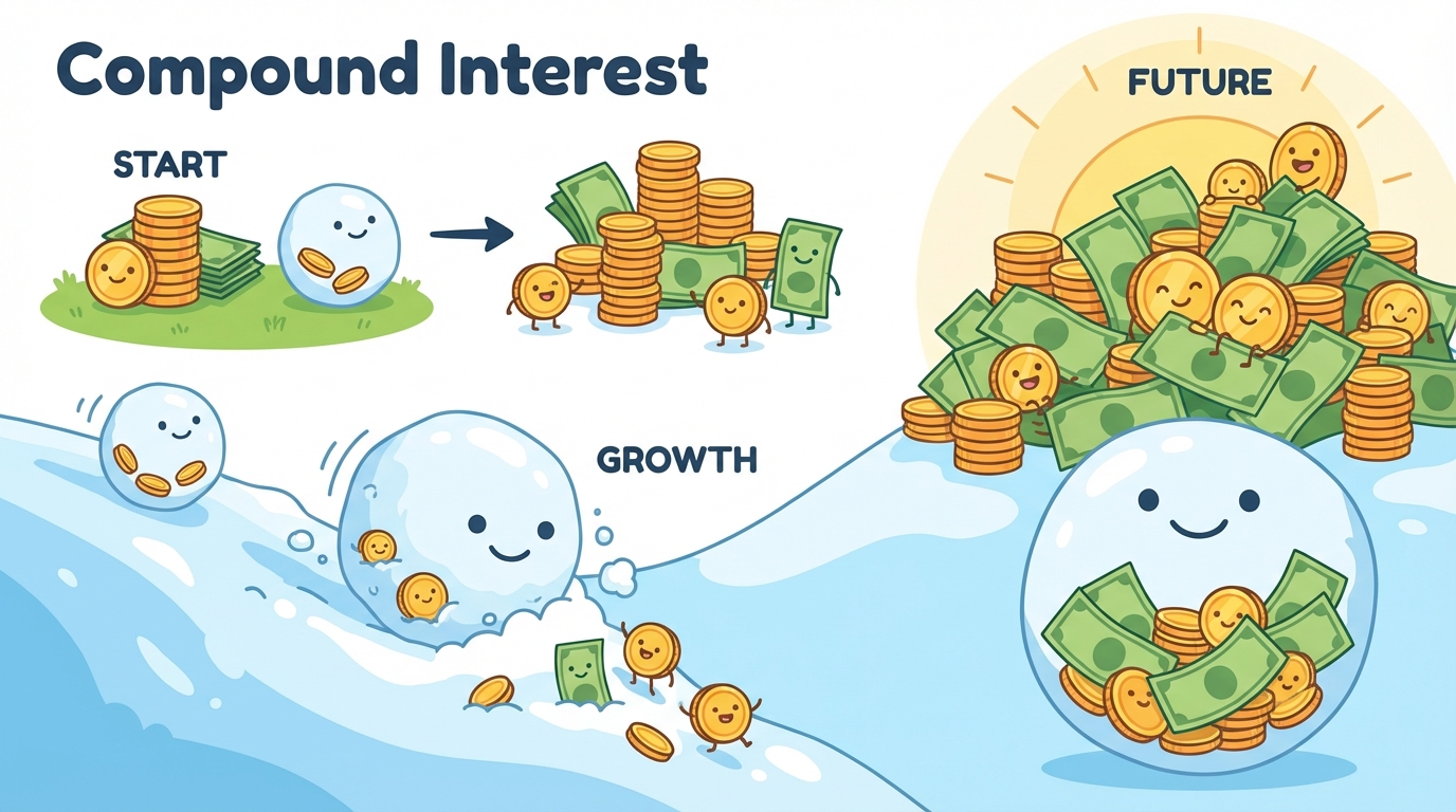 A cartoon illustration showing a small snowball at the top of a hill labeled 'Year 1' rolling down and becoming a giant snowball labeled 'Year 10' filled with coins.