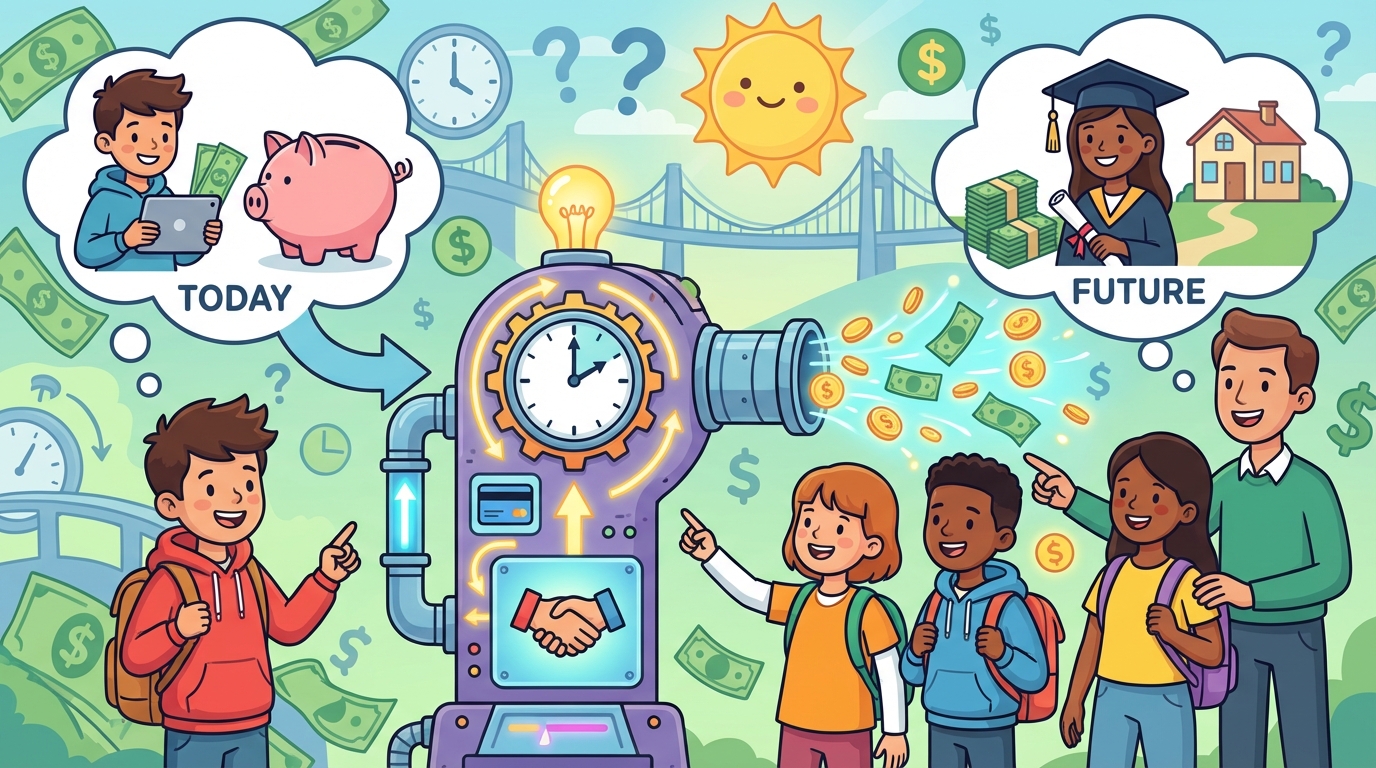 A split illustration showing a debit card connected to a piggy bank and a credit card connected to a clock representing future payment.