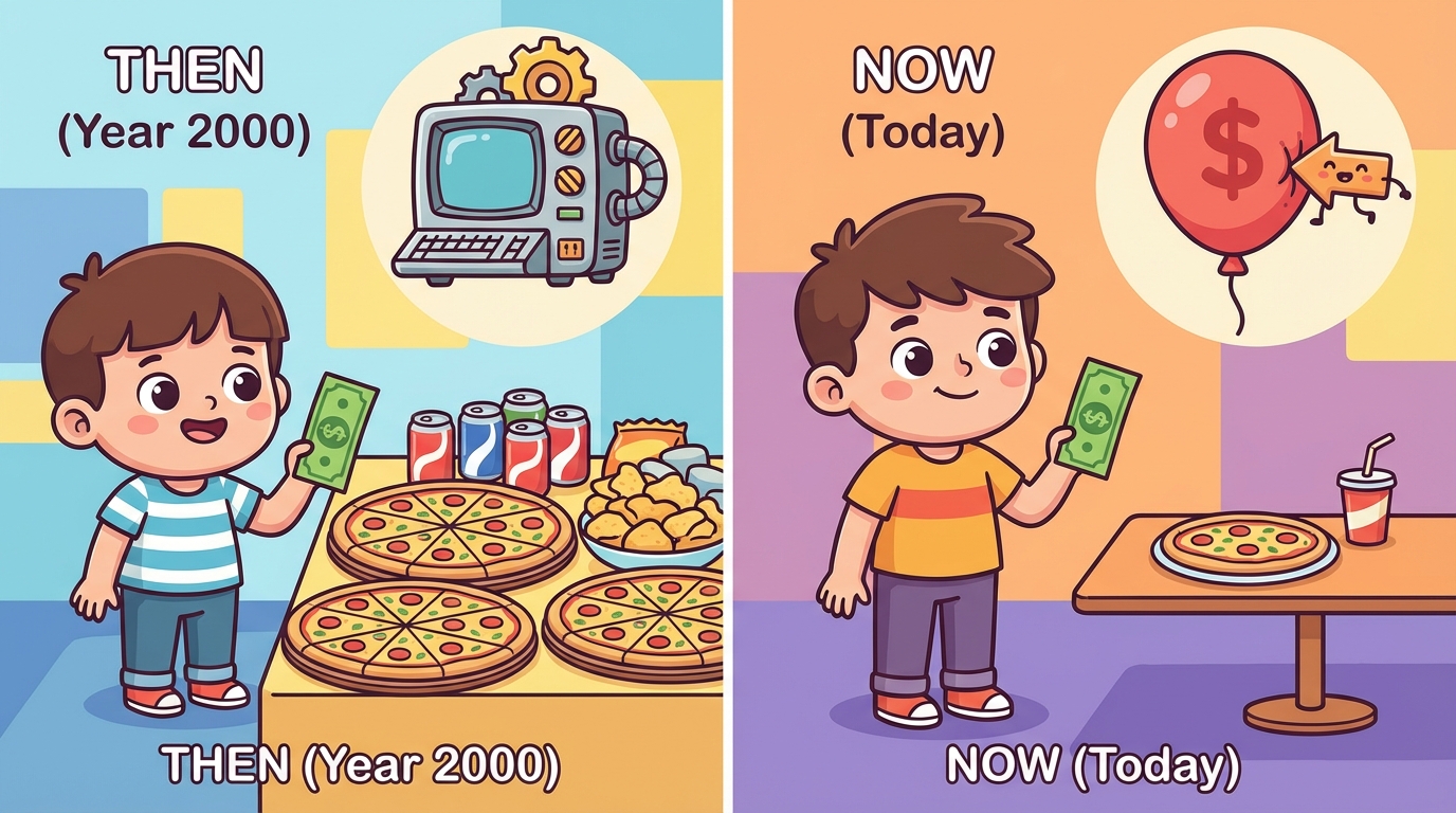 A split illustration showing a shopping cart overflowing with groceries labeled '20 years ago' next to a nearly empty shopping cart labeled 'Today', both with a price tag of $50.