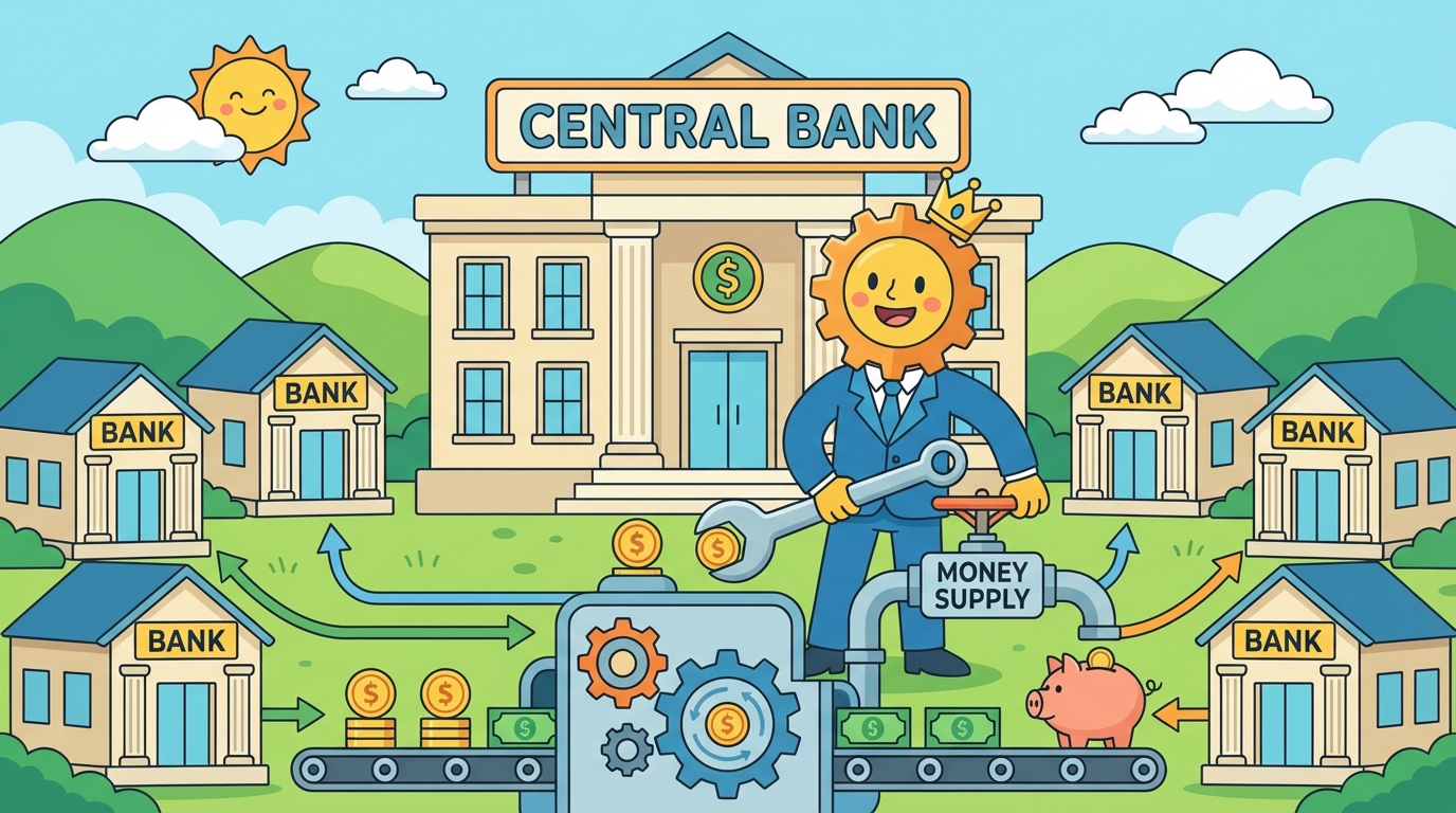A cartoon illustration showing a large bank building with a giant water faucet attached to it. The faucet is pouring gold coins into a pool where happy people are swimming. A dial on the faucet says 'Interest Rates'.