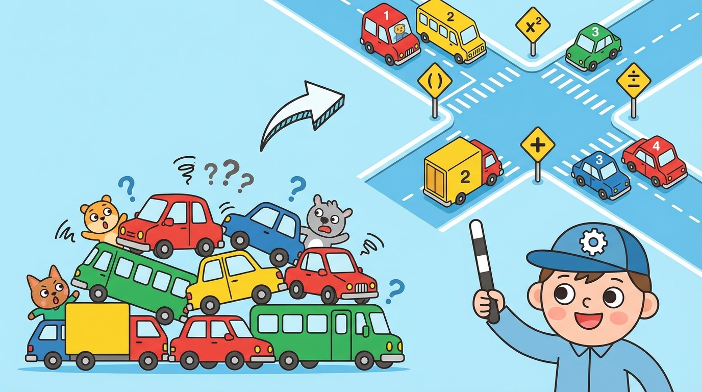 A split cartoon illustration. Left side: A chaotic intersection with cars honking and tangling because there are no traffic lights. Right side: A happy math student solving an equation on a whiteboard while cars flow smoothly behind them obeying a traffic light.