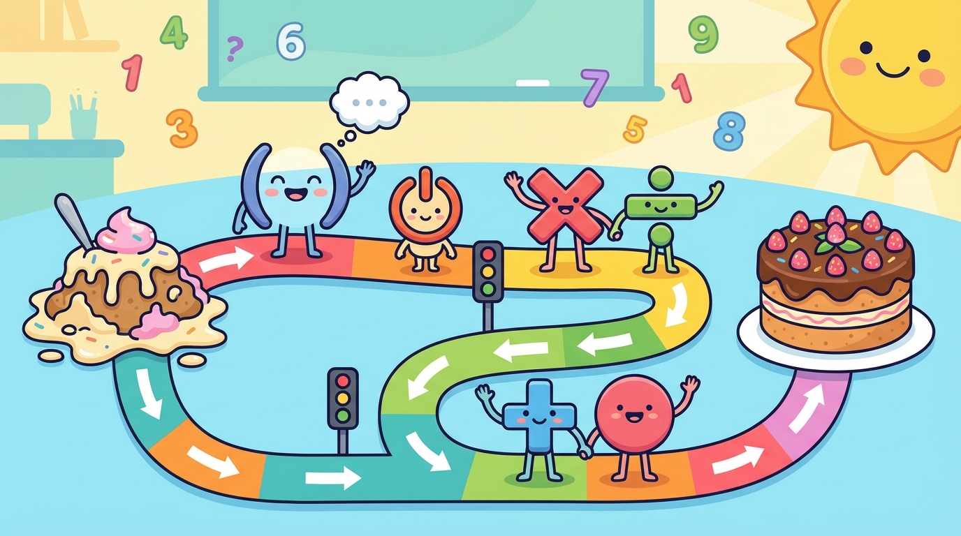 A colorful cartoon treasure map where the path is made of stepping stones labeled P, E, M, D, A, and S leading to a chest of gold numbers.