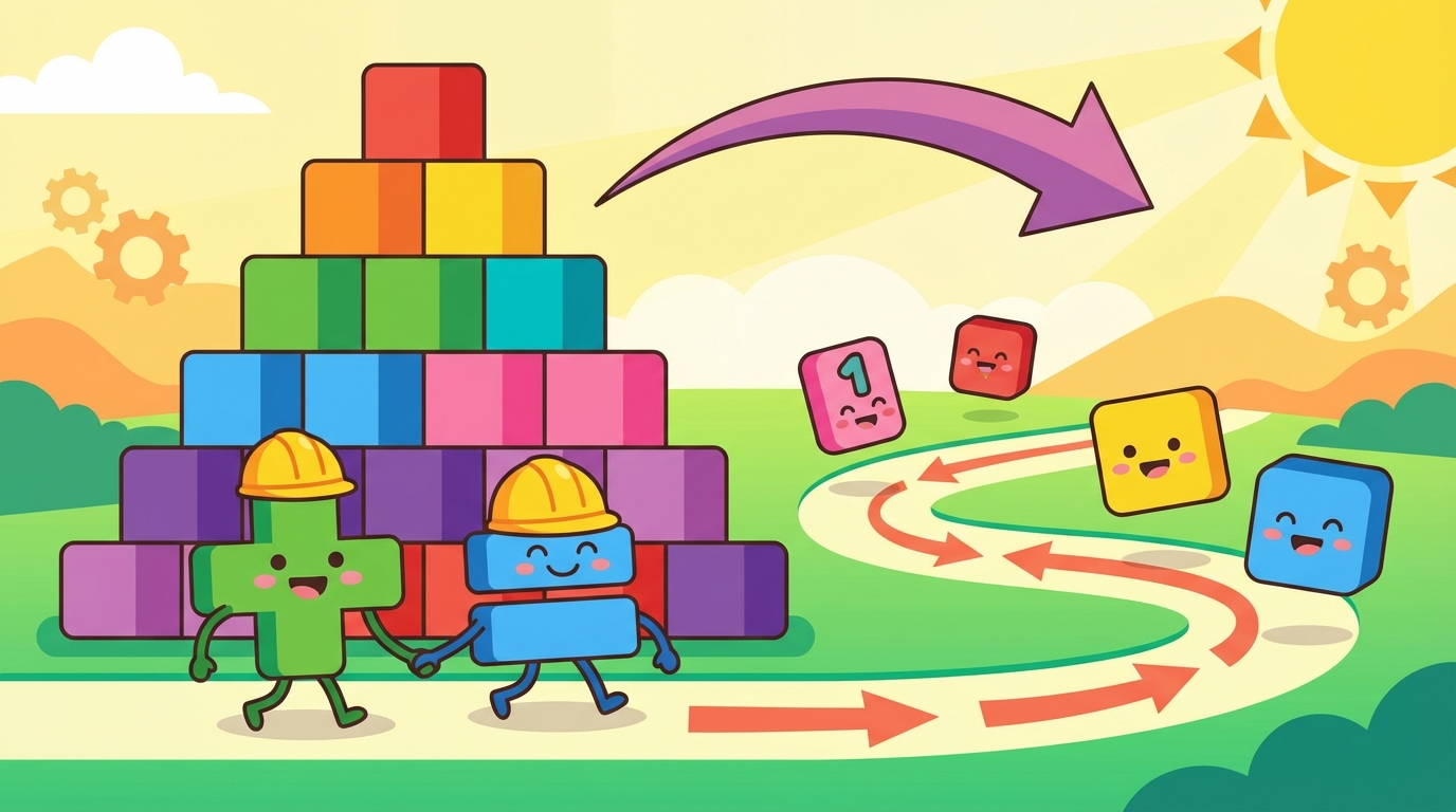 A split-screen illustration showing a math problem '10 - 4 + 3'. On the left (green checkmark), a character solves 10-4 first. On the right (red X), a character wrongly solves 4+3 first.