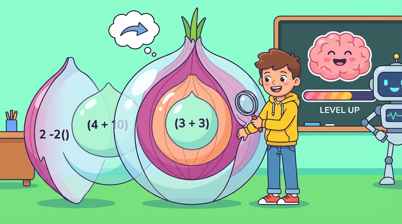 Illustration showing a set of Matryoshka nesting dolls, labeled with mathematical operations, symbolizing how to solve equations from the inside out.