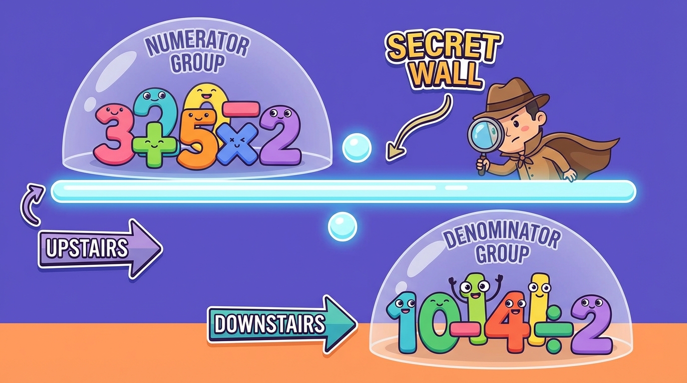 Illustration showing a math problem written as a fraction. Ghostly, transparent parentheses appear around the numerator and denominator to show they are grouped separately.