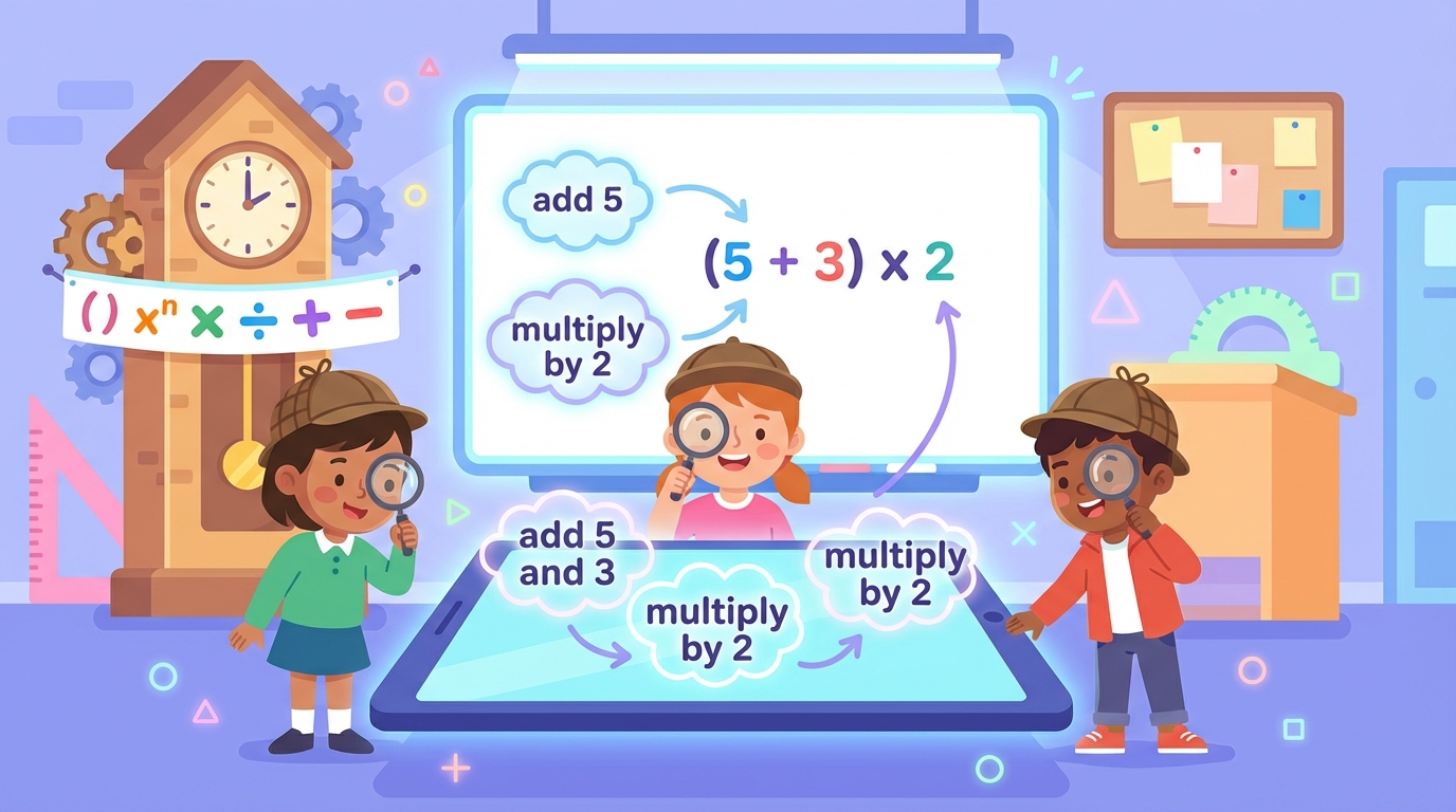 A cartoon illustration of a student acting as a detective, holding a magnifying glass over the words 'The Sum of' and revealing a math symbol '+' and parentheses underneath.