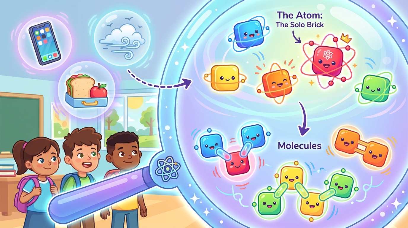 A diagram comparing an atom and a molecule using building blocks: a single blue block labeled 'Atom' and a structure of three connected blocks labeled 'Molecule'.