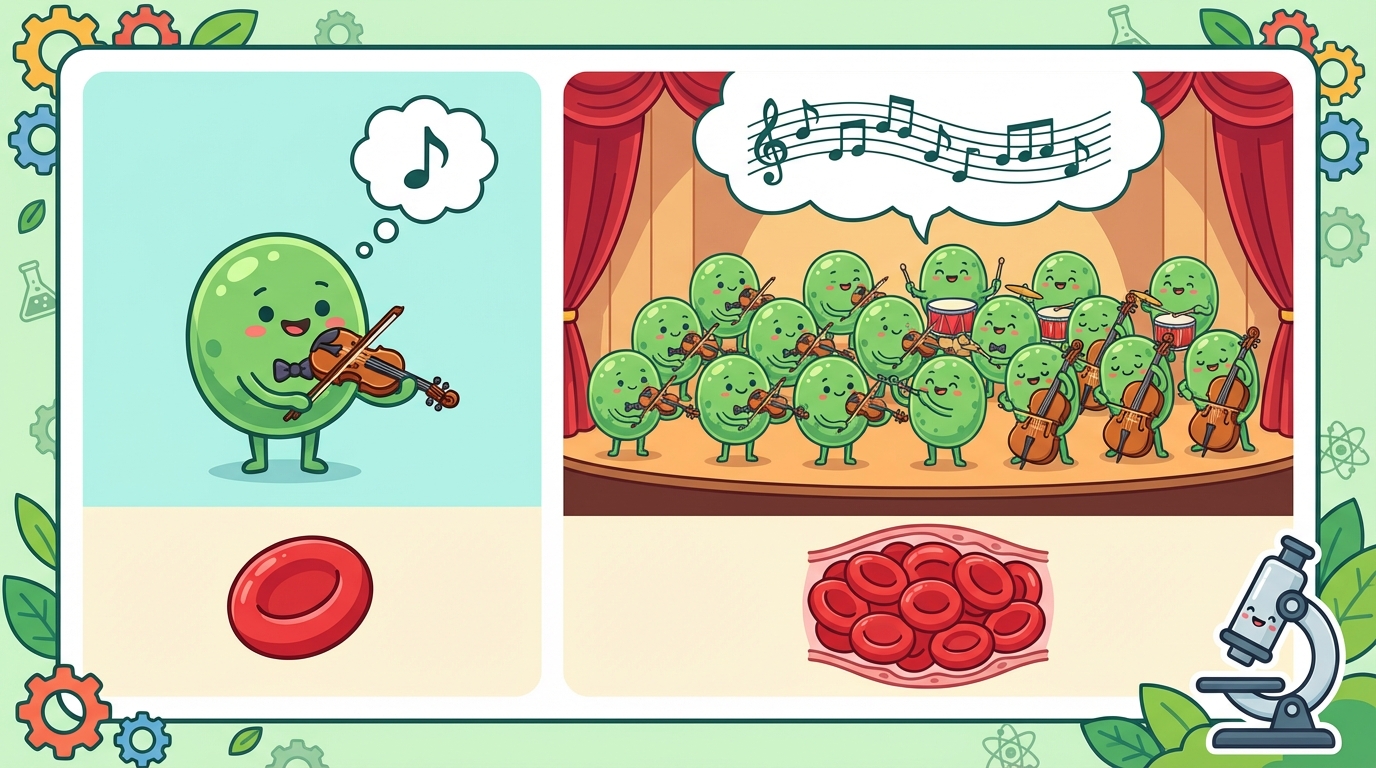 A diagram showing four colorful boxes. The first box shows a single red brick labeled 'Cell'. An arrow points to the second box, showing a wall made of red bricks labeled 'Tissue'. Below, illustrations of muscle fibers, skin cells, and neurons represent the different tissue types.