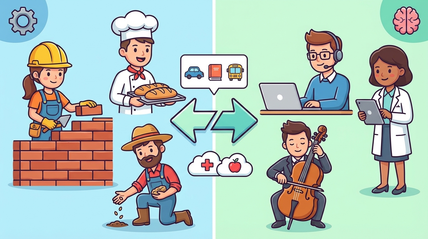A split illustration showing a construction worker lifting bricks on the left and a scientist looking into a microscope on the right, connected by an equal sign.