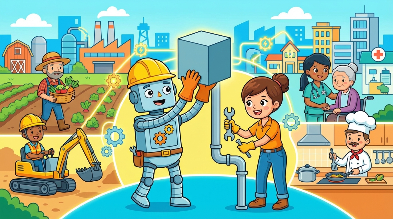 A vibrant illustration showing three workers: a farmer holding a basket of apples, a construction worker with a blueprint and a hard hat, and a mechanic fixing a bicycle, all smiling.