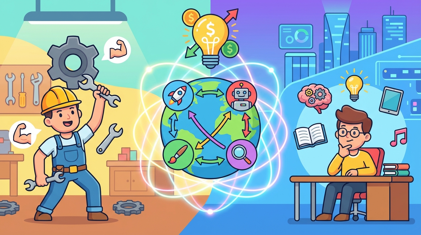 Illustration showing three professionals: a scientist looking into a microscope, an architect drawing a blueprint, and a coder typing on a laptop, surrounded by lightbulb icons representing ideas.