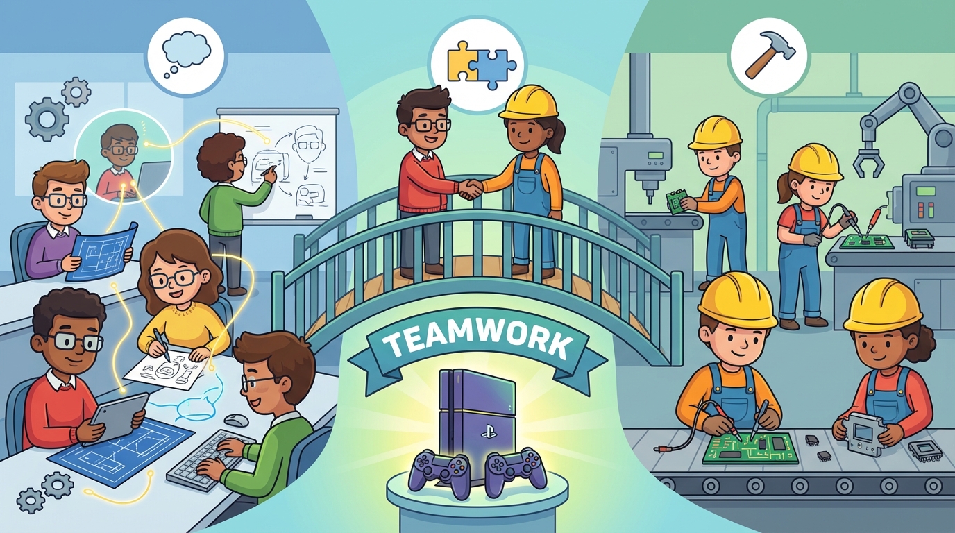 Illustration showing a split scene: on the left, an architect pointing at a blueprint, and on the right, a builder giving a thumbs up while holding a tool, connected by a puzzle piece symbol.