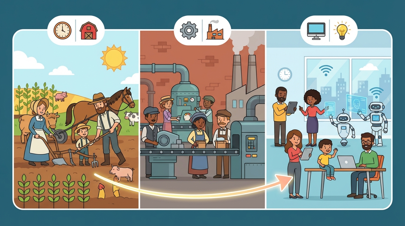 A split illustration showing the evolution of work: on the left, a farmer using a hand plow in a field; in the middle, a factory with gears; on the right, a diverse group of people working on laptops with digital holographic icons floating above them.