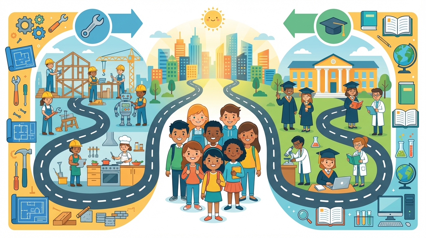 A split illustration showing a diverse group of students: on the left, a student wearing a hard hat holding blueprints (vocational), and on the right, a student in a graduation gown holding a diploma (academic), meeting in the middle to shake hands under a banner that says 'Success'.