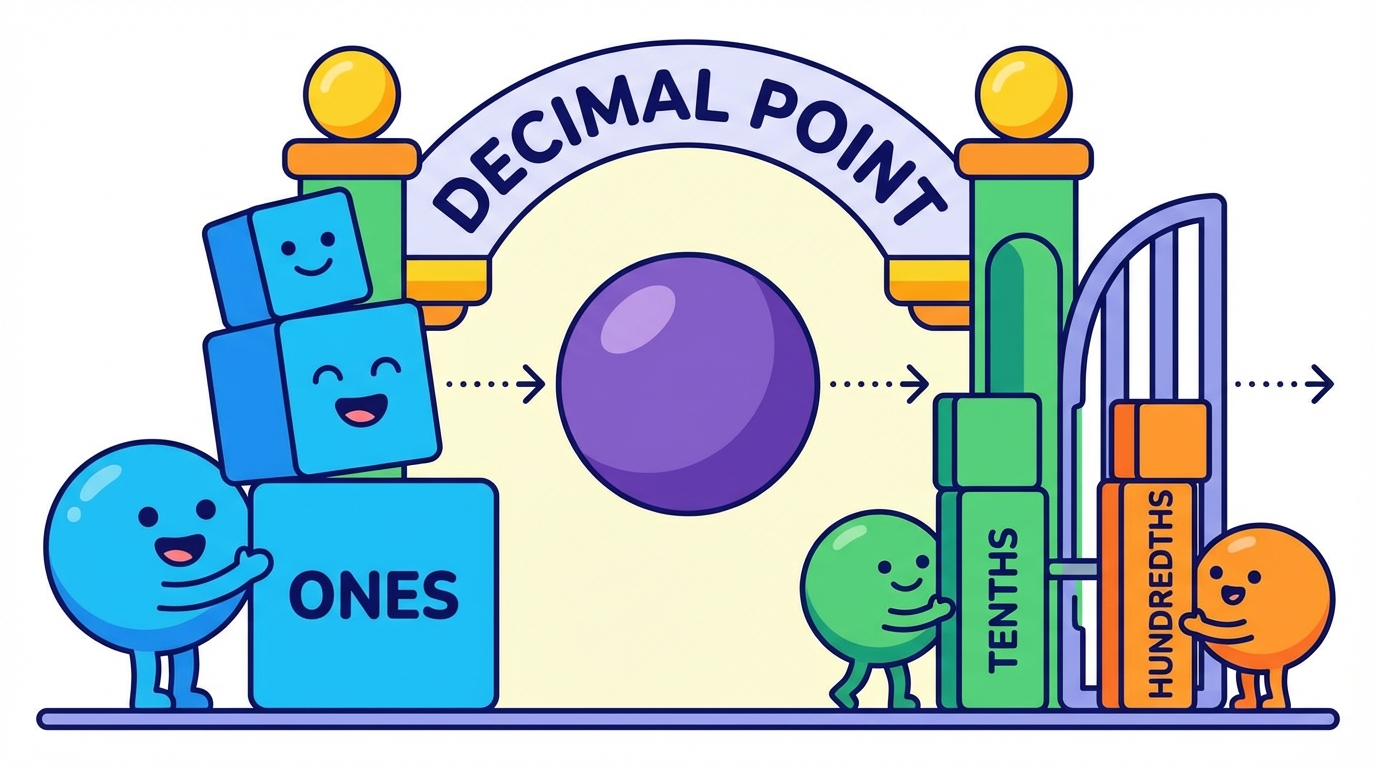 A colorful illustration showing a magnifying glass focused on a decimal point. On the left side of the point are whole solid blocks labeled 'Wholes', and on the right side are shattered colorful pieces labeled 'Parts'.