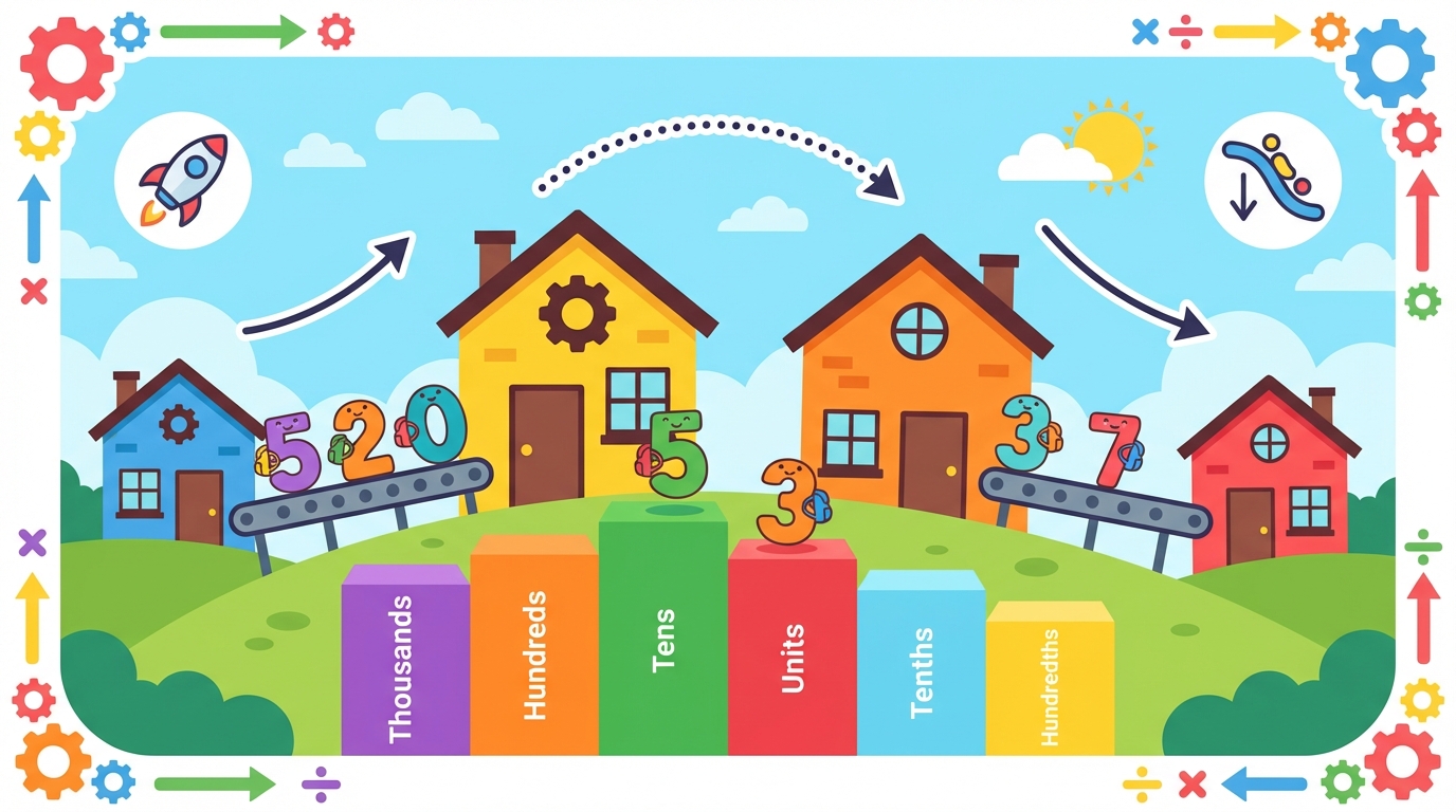 A colorful place value chart showing the number 50 in the center. An arrow points left labeled 'x10' showing the digits moving to become 500. Another arrow points right labeled '÷10' showing the digits moving to become 5.