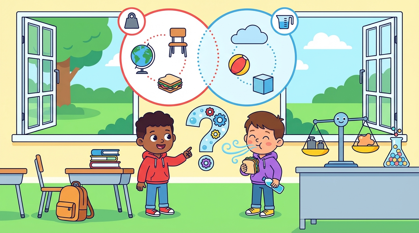 A split illustration showing a soccer ball, a glass of water, and a balloon on one side labeled 'Matter', and a lightbulb beam, sound waves, and a thought bubble on the other side labeled 'Not Matter'.