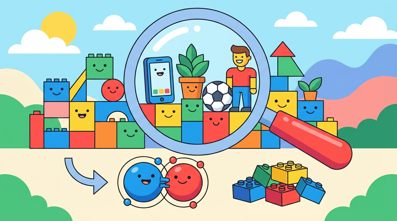 A diagram showing single colored spheres labeled 'Atoms' on the left, and groups of different colored spheres stuck together labeled 'Molecules' on the right.