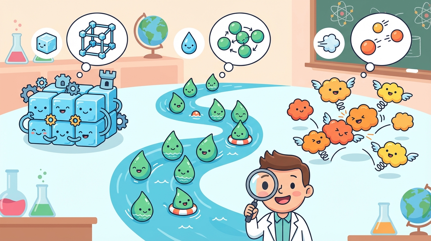 A diagram showing three beakers. The first shows solid ice cubes with particles packed tight. The second shows liquid water with particles flowing. The third shows steam (gas) with particles spreading out into the air.