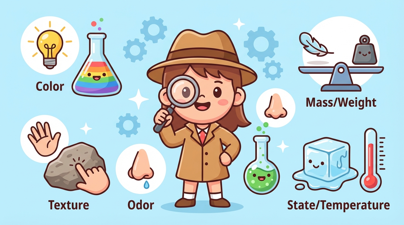 A cartoon illustration showing a magnifying glass focusing on three objects: a shiny gold nugget, a rough grey rock, and a smooth blue marble, representing different textures and lusters.