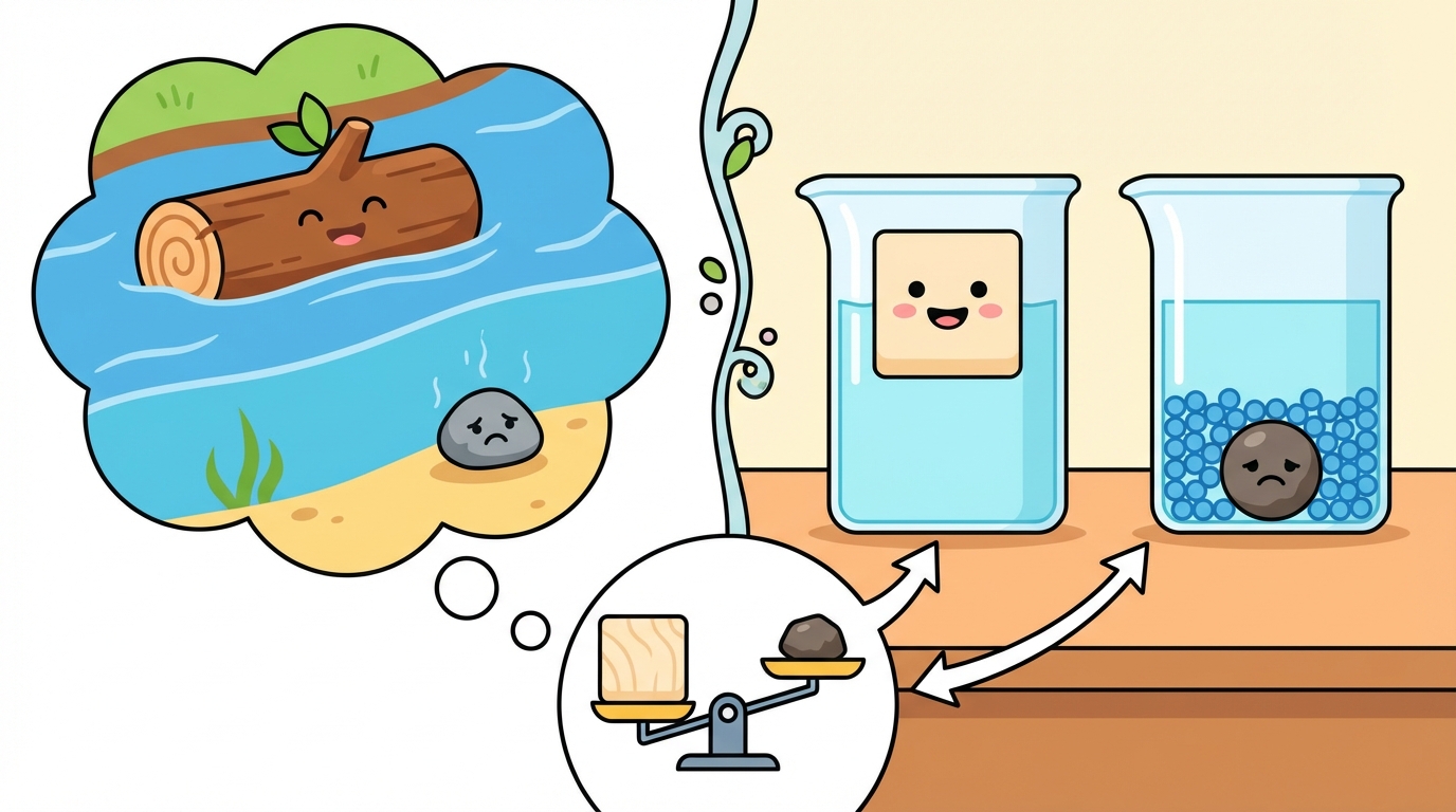 Illustration showing two cubes of the same size side-by-side. The left cube is packed tightly with many dots representing particles (high density), while the right cube has very few floating dots (low density).