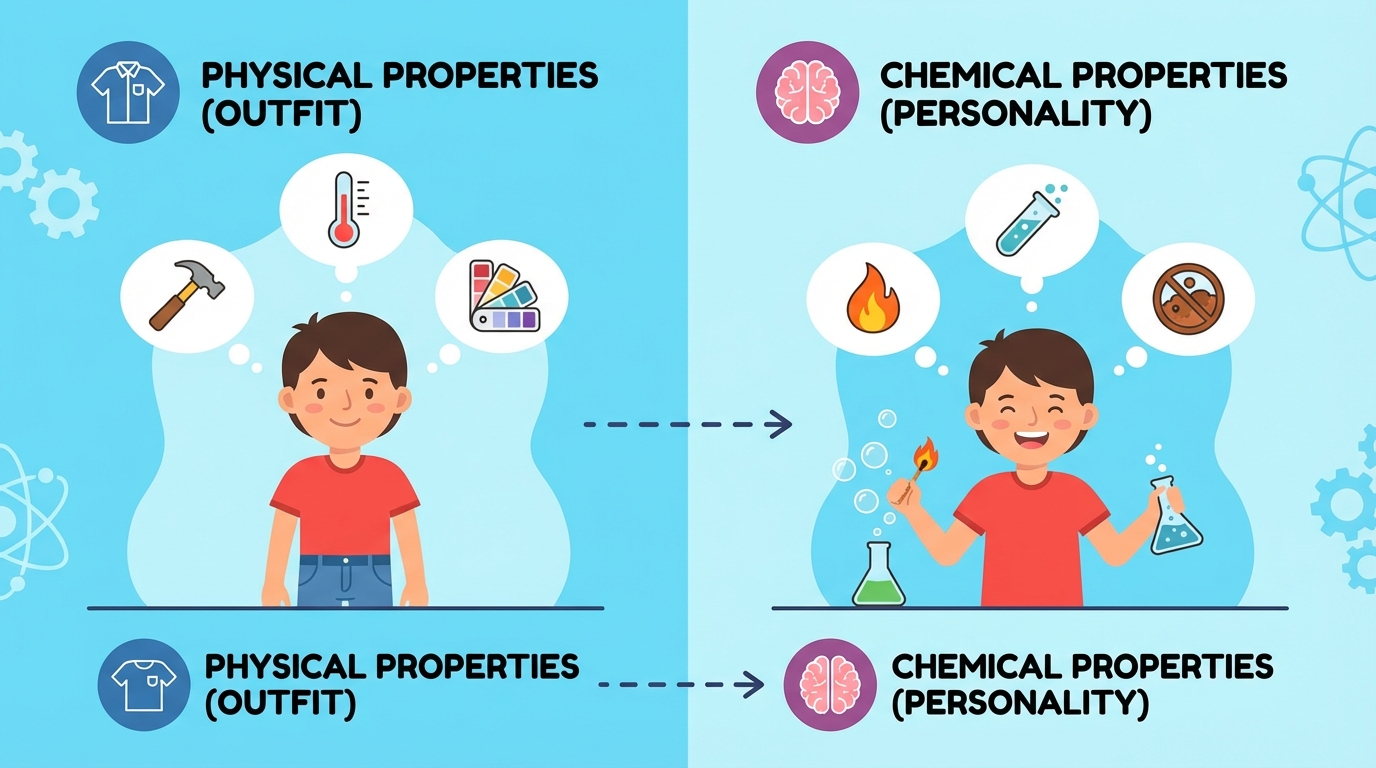 Illustration showing three examples of chemical properties: a campfire burning wood, a rusty bicycle wheel, and a beaker foaming over with a chemical reaction.