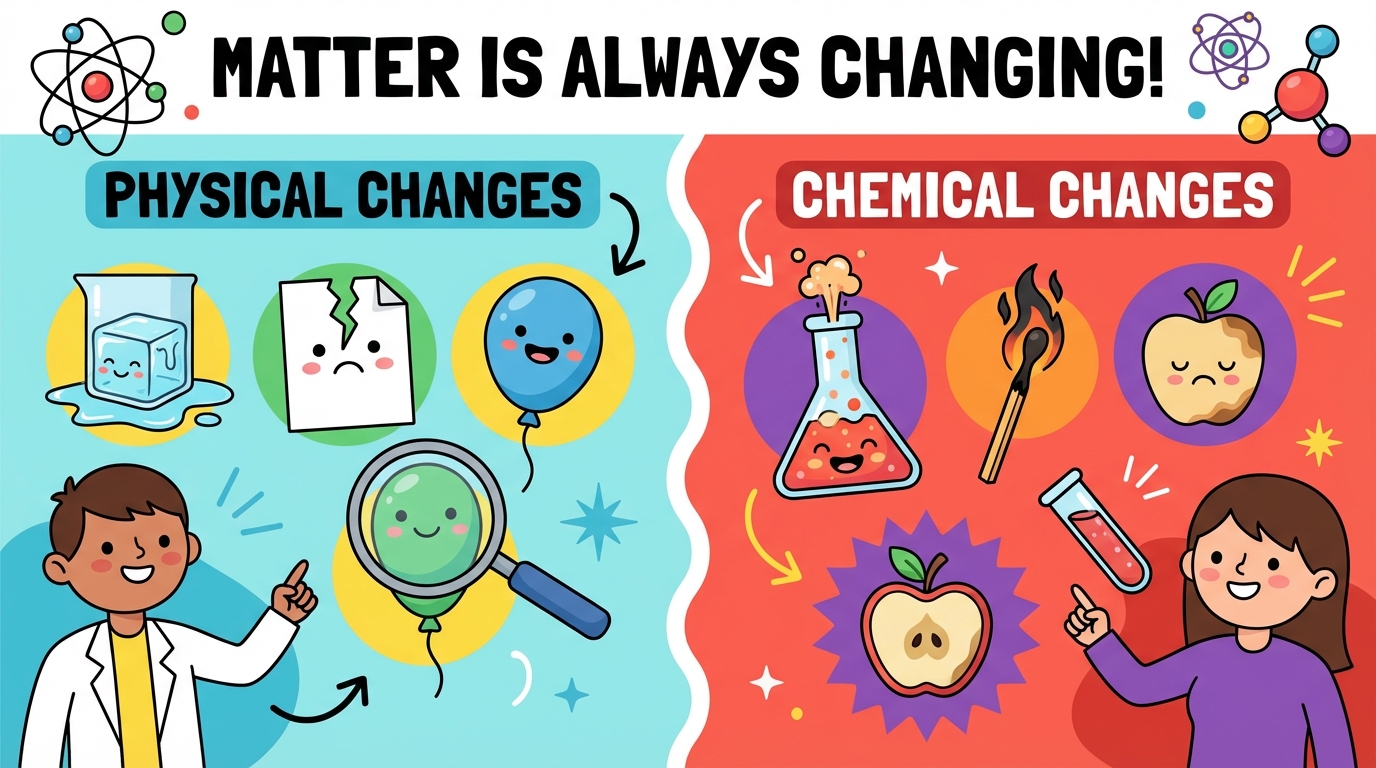 Split illustration: Left side shows an ice cube melting into water (physical change), Right side shows a log burning into ash and smoke (chemical change).