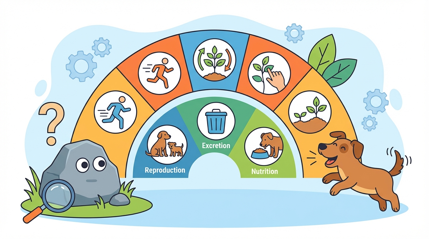 A colorful split illustration showing a playful puppy running (living) on the left and a shiny toy robot (non-living) on the right, with icons representing the 7 life processes floating between them.