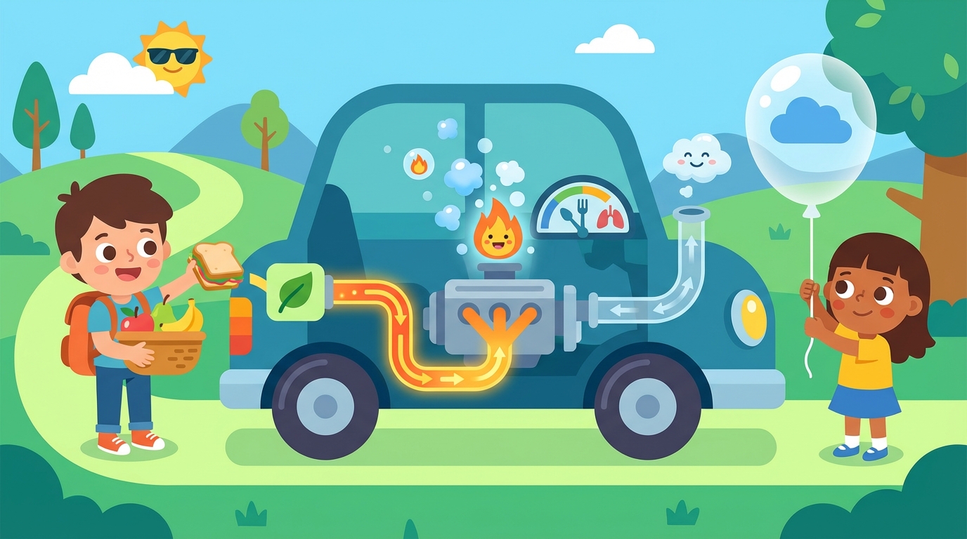 A split illustration showing a sunflower absorbing sunlight on the left, and a child eating an apple on the right, with arrows pointing to a battery icon representing energy.