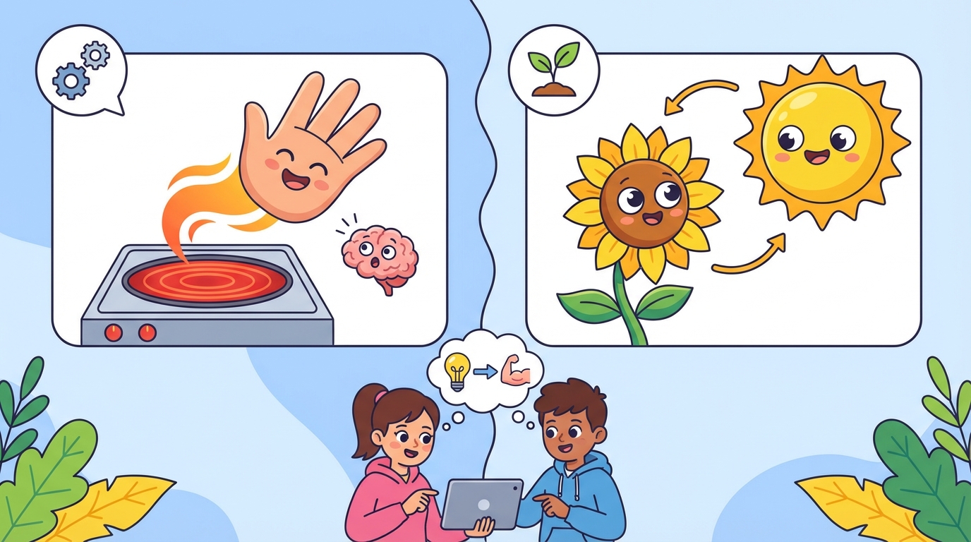 A split illustration showing an animal reaction on one side (a cat jumping away from a surprise) and a plant reaction on the other (a plant bending towards a light bulb).