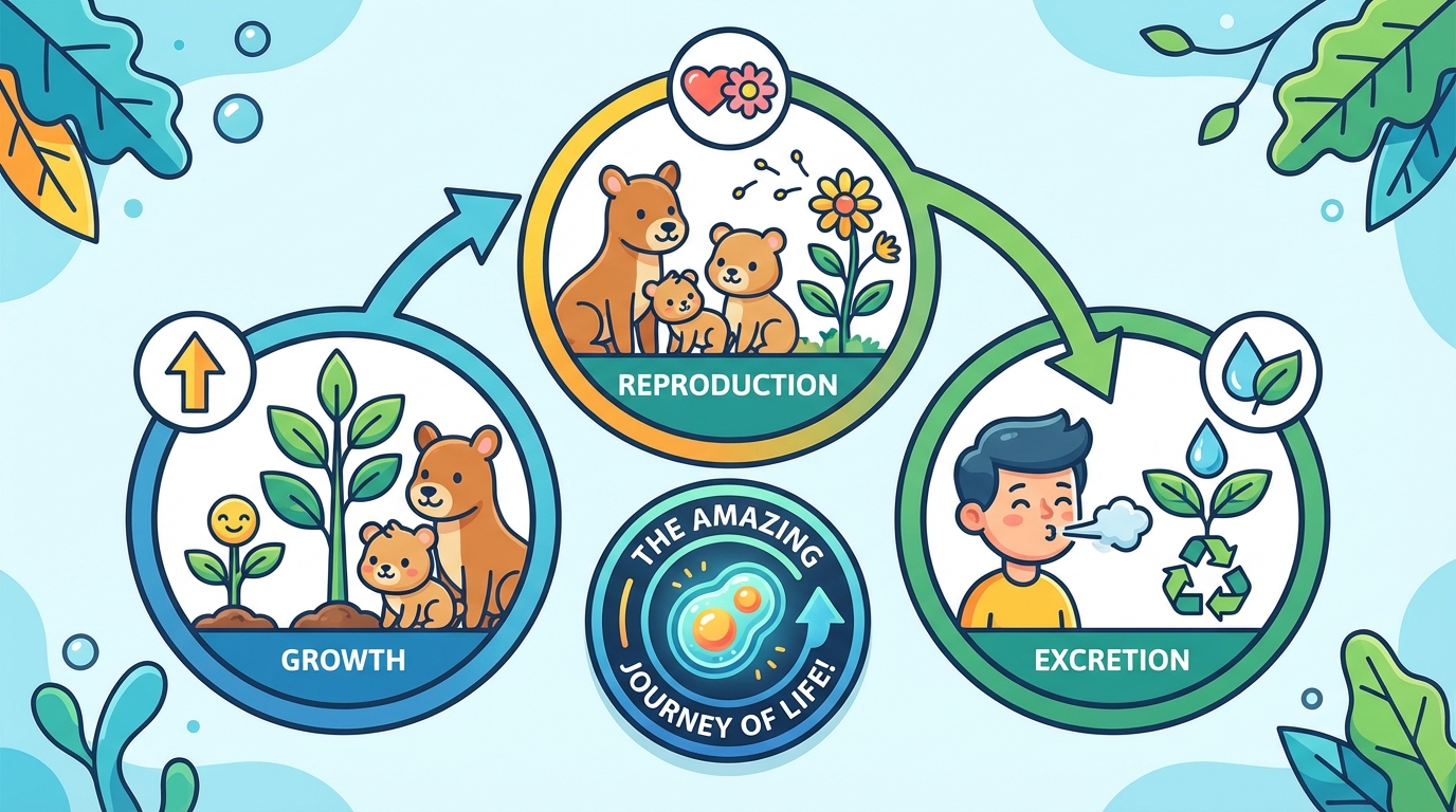 A three-part educational diagram showing: 1. A seedling growing into a tree (Growth), 2. A mother duck with ducklings (Reproduction), and 3. A human jogging and sweating (Excretion).