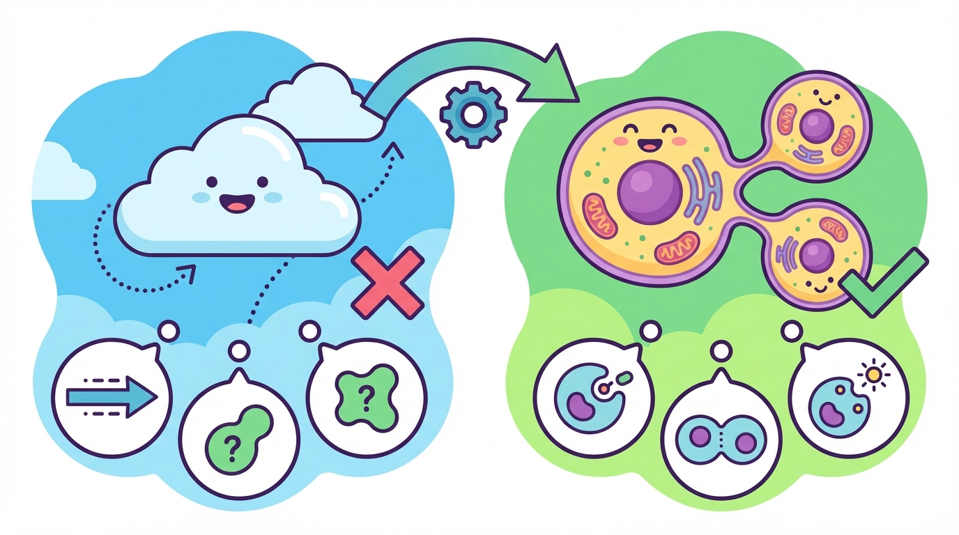 A split illustration showing a puppy growing into a dog on the left (living) and a toy robot staying the same on the right (non-living), with a magnifying glass showing cells on the dog.