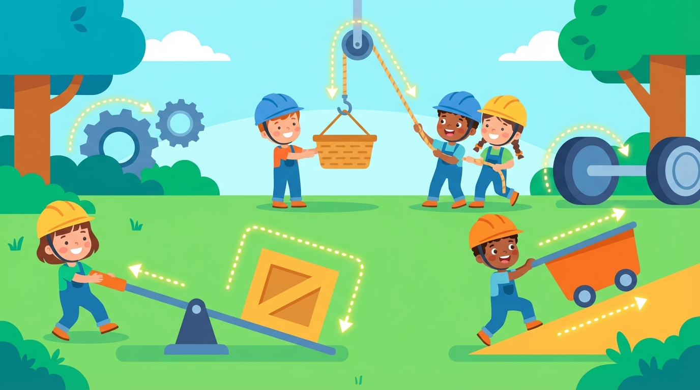 A colorful illustration showing a split screen: on the left, a student pushing a heavy box up a ramp (inclined plane), and on the right, a student lifting a backpack with a pulley system.