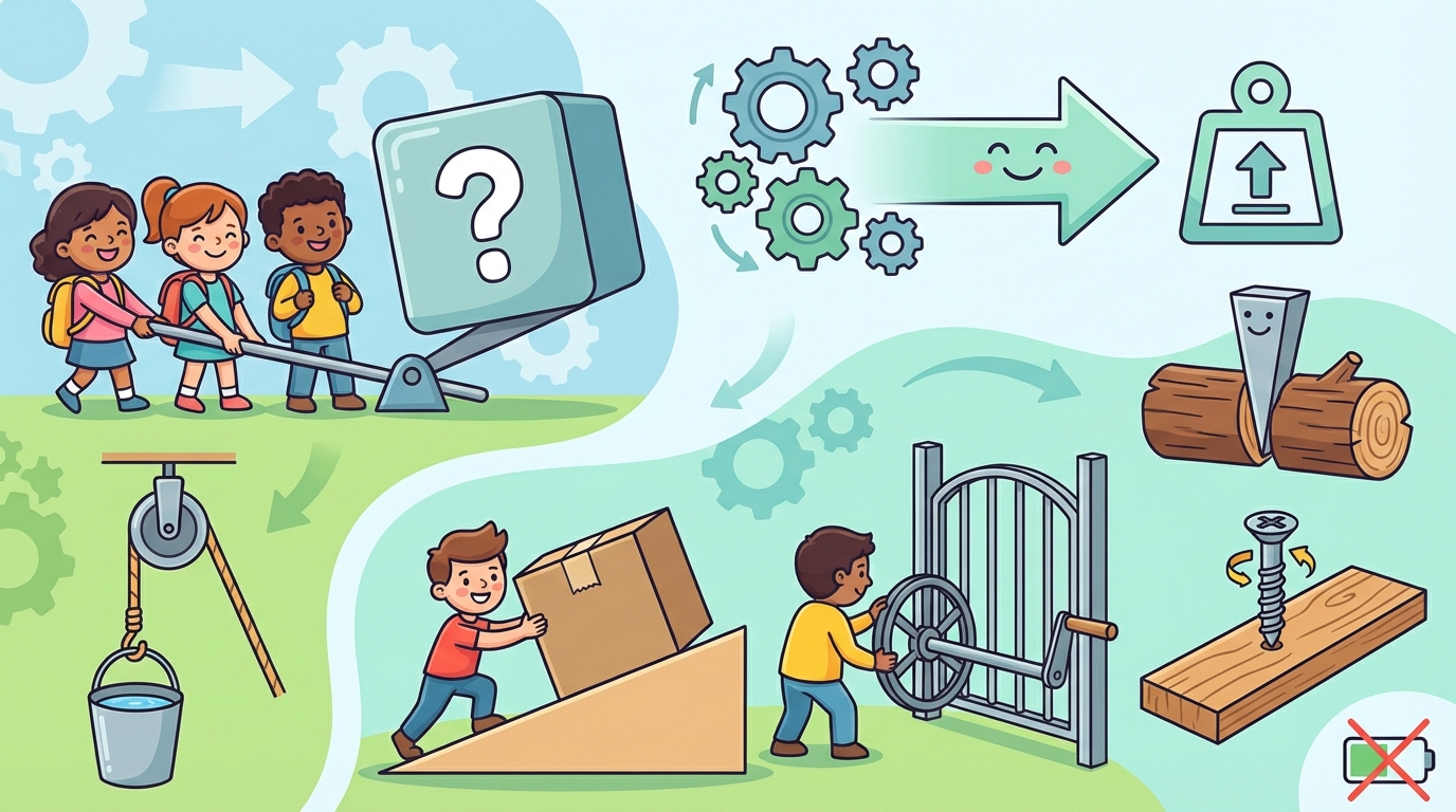 A split illustration: On the left, a cartoon student sweating while trying to lift a heavy box straight up. On the right, the student smiling while easily pushing the same box up a ramp.