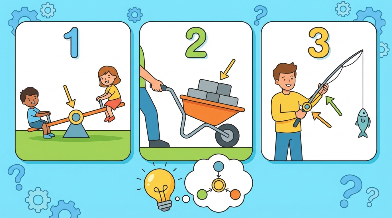 Illustration showing the three classes of levers. Class 1 has the fulcrum in the center (seesaw). Class 2 has the load in the center (wheelbarrow). Class 3 has the effort in the center (broom).
