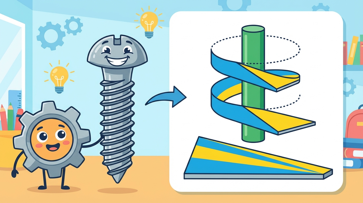 An educational diagram showing a paper triangle being wrapped around a pencil to demonstrate how an inclined plane becomes a screw, alongside images of a jar lid and a wood screw.