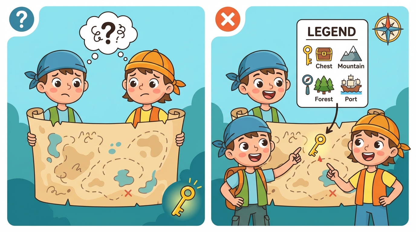 A clean educational illustration of a neighborhood sketch. On the left, a map showing roads, a park, and houses using simple shapes. On the right, a clearly labeled 'Legend' box explaining that green squares are parks, grey lines are roads, and red triangles are houses.