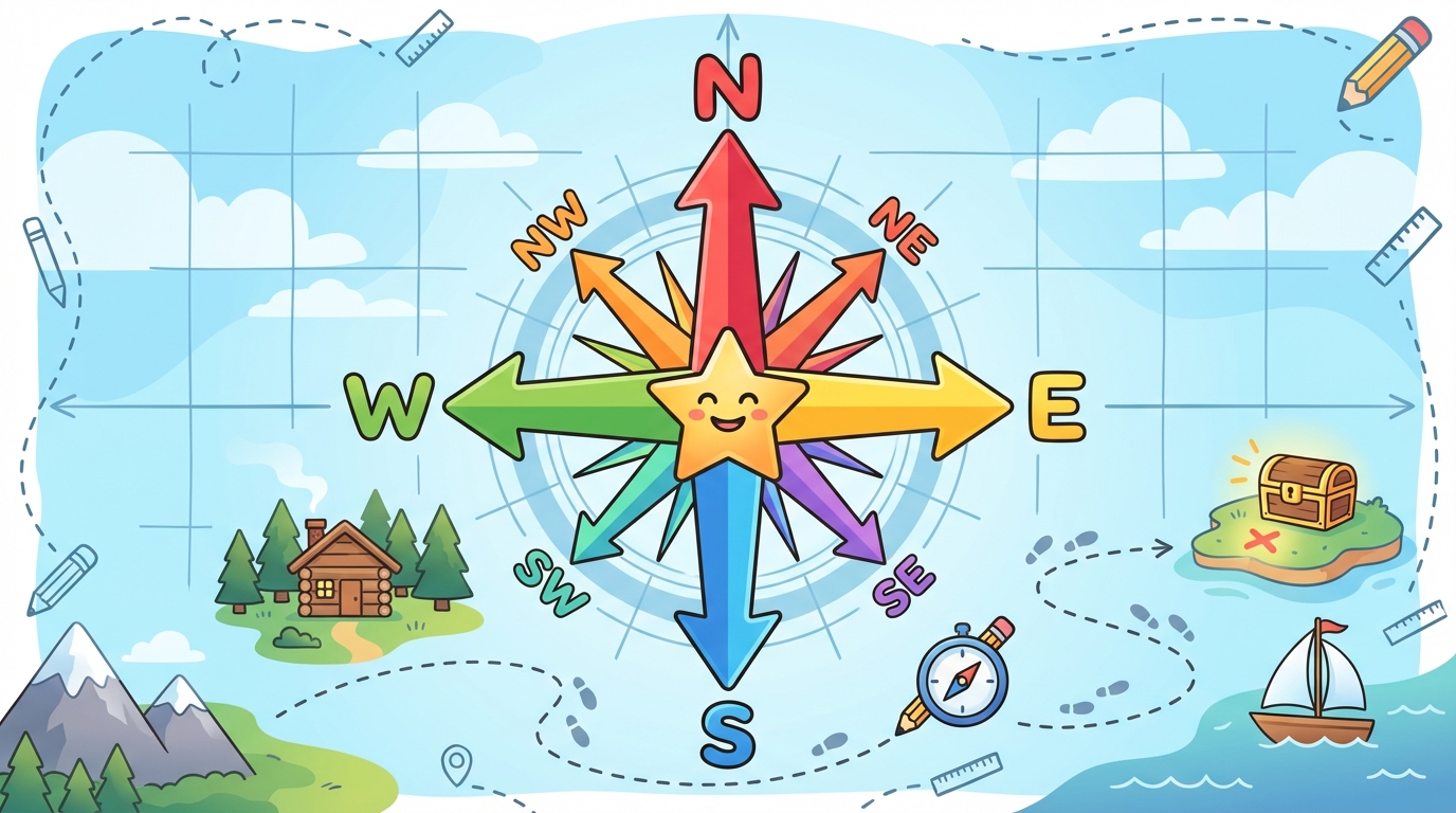 A colorful 8-point compass rose diagram showing North, South, East, and West in bold, with Northeast, Southeast, Southwest, and Northwest in smaller text, including degree markings (0, 90, 180, 270).