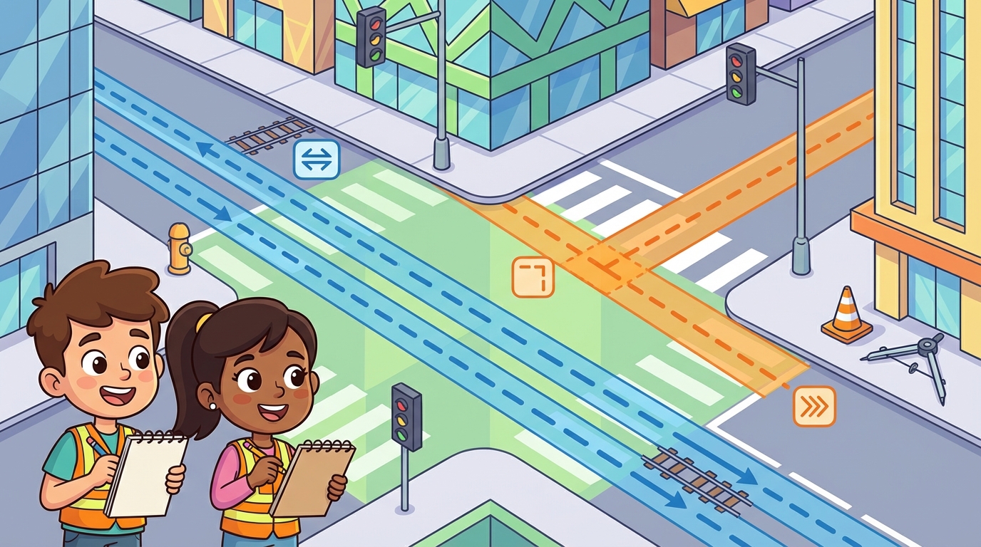 A colorful illustration of a city map from above. It highlights Main Street and 2nd Street running parallel to each other (like train tracks), while Broadway Avenue crosses them both perpendicularly, forming square corners with traffic lights.