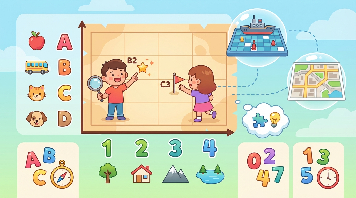 An illustration of a 4x4 grid map labeled A-D on the bottom and 1-4 on the side. It shows a park at A2, a library at C3, and a pizza shop at D1, illustrating how coordinates locate objects.