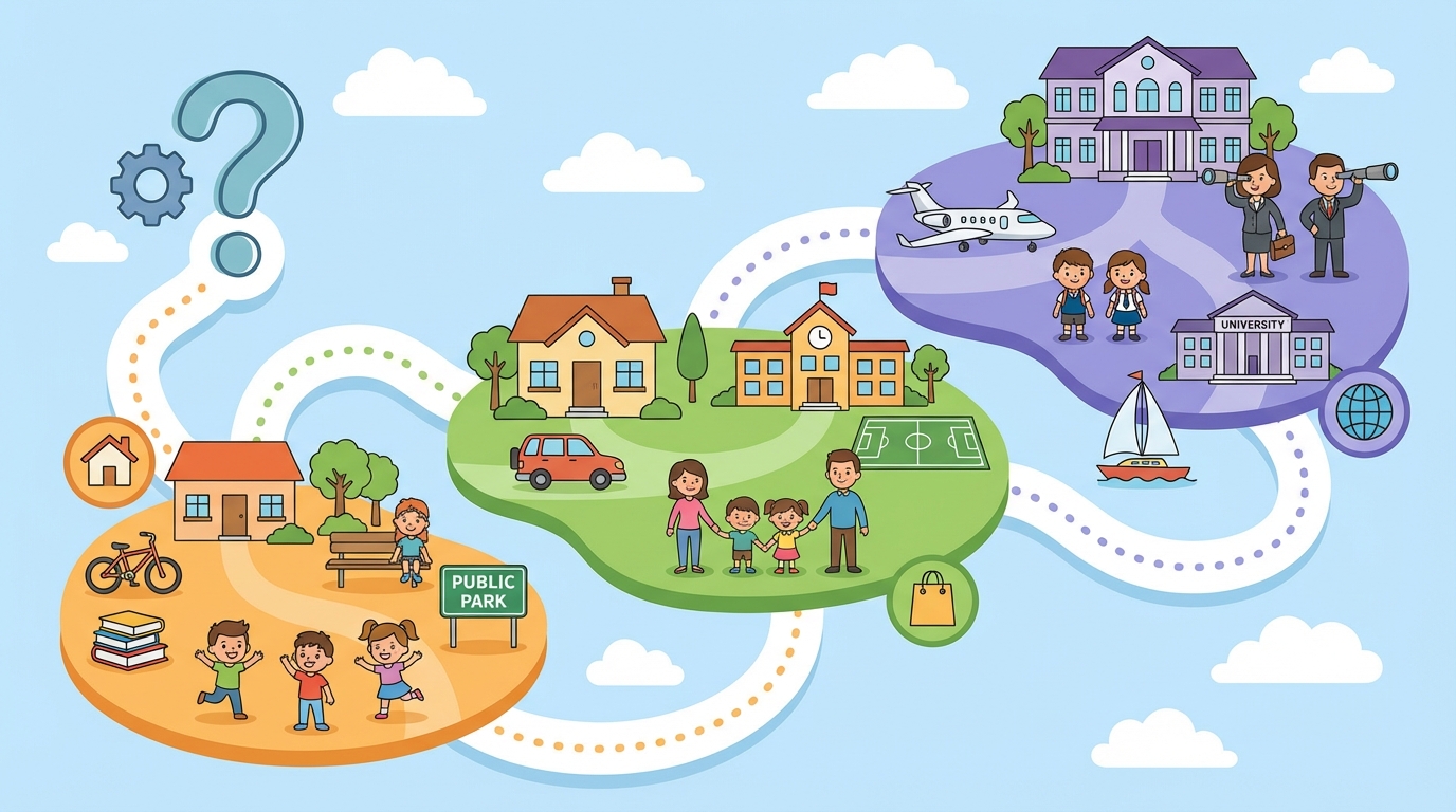 A colorful illustration showing a three-step ladder labeled 'Income', 'Education', and 'Occupation' leading up to a bright future.