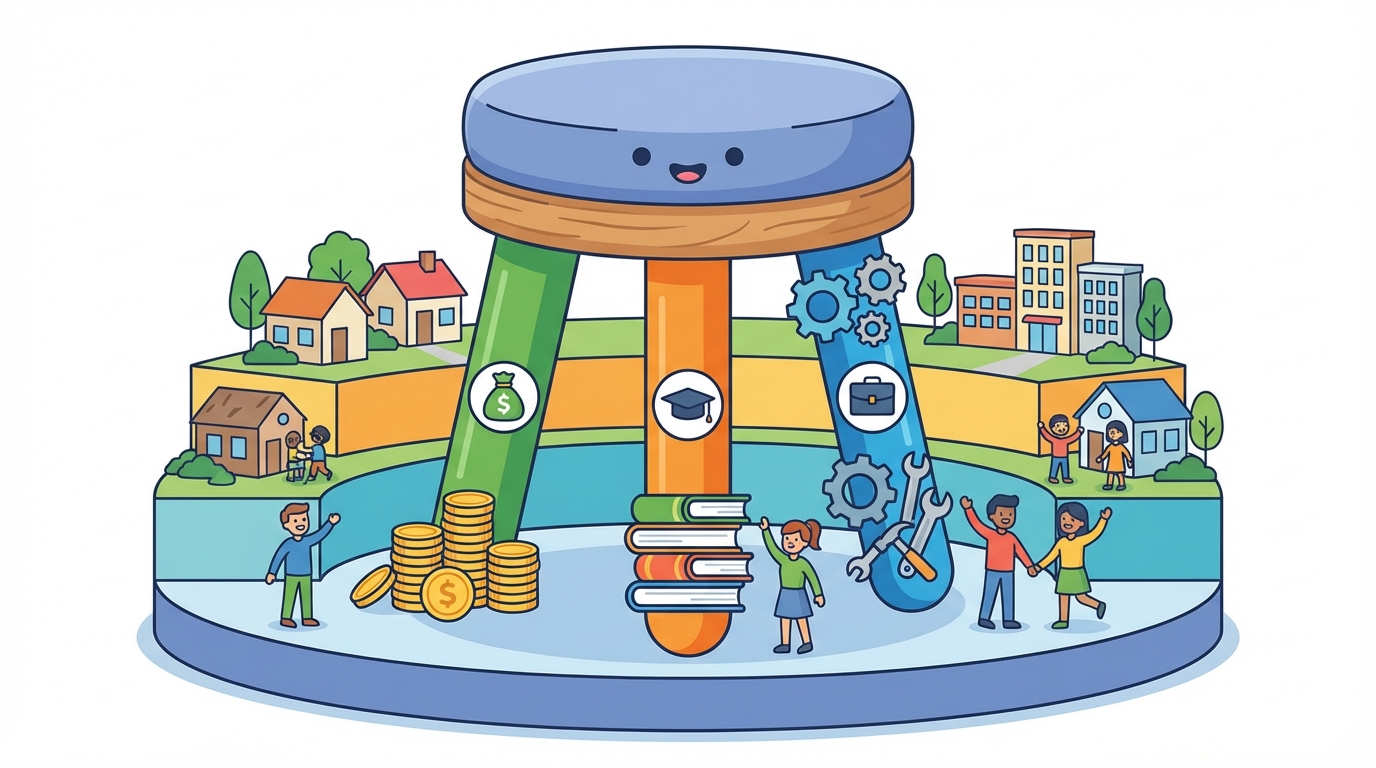 A colorful illustration showing a three-legged stool labeled 'Socioeconomic Status', where the legs are labeled 'Money', 'School', and 'Job'.