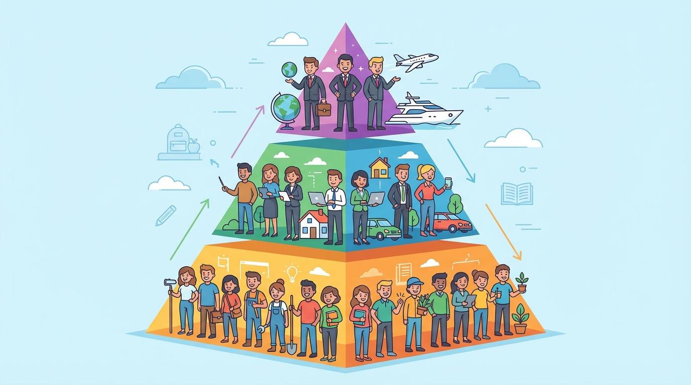 A colorful cartoon illustration of a three-tiered pyramid. The wide bottom is red (low income), the middle is blue (middle income), and the small top tip is green (high income), showing diverse people on each level.