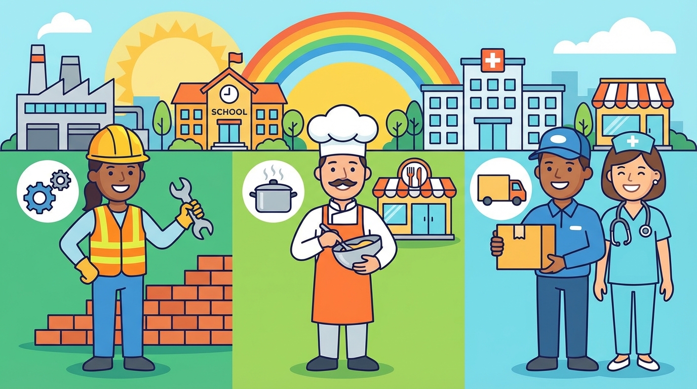 An illustration showing three smiling workers: a construction worker with a helmet, a nurse in scrubs, and a chef with a hat, representing the working class.