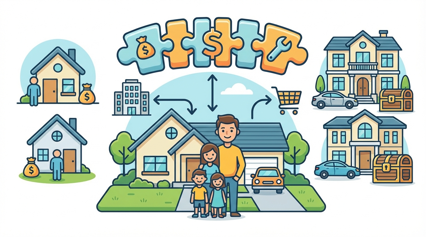 Illustration of a middle-class family enjoying a picnic in a park with their car parked nearby and a suburban house in the background.