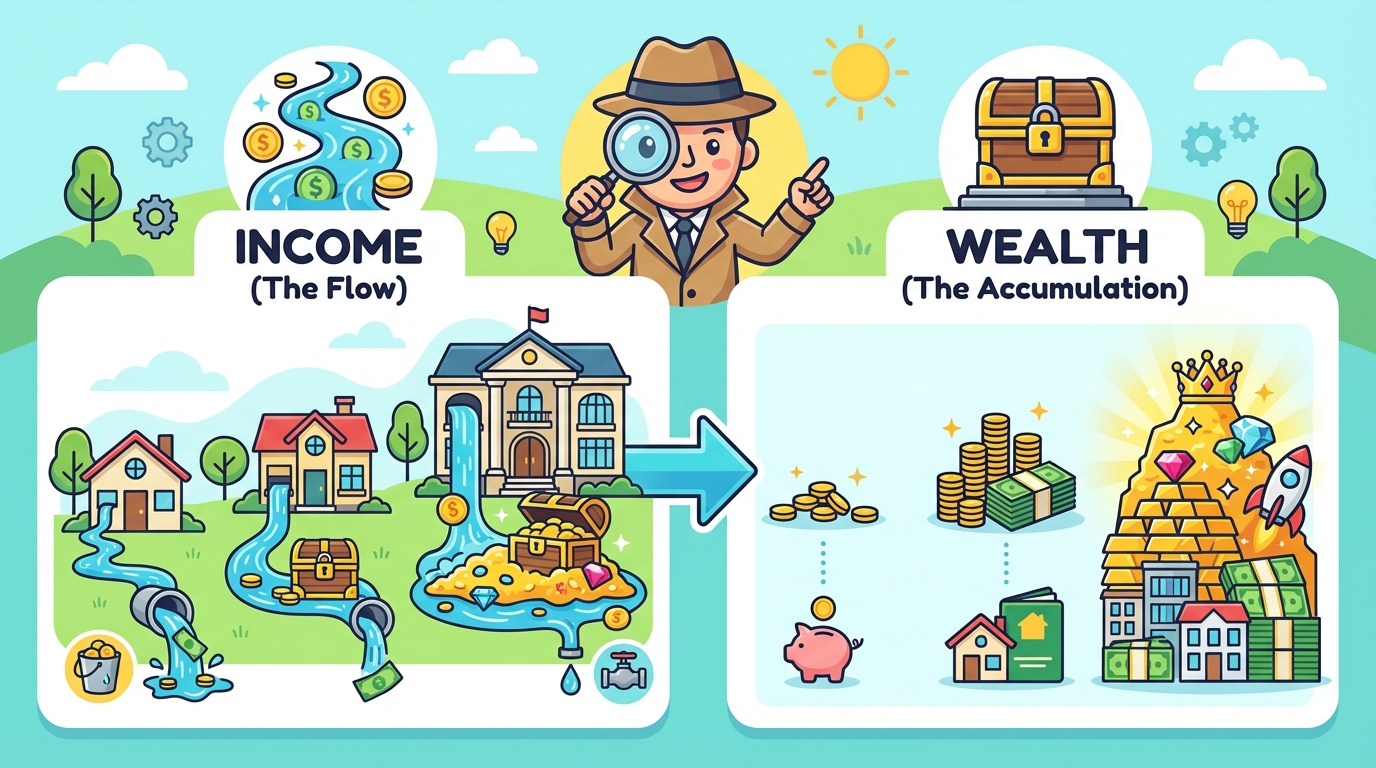 A cartoon illustration showing a split screen: On the left, a rushing water faucet labeled 'Income' pouring into a bucket with a hole labeled 'Expenses'. On the right, a smaller faucet filling a treasure chest labeled 'Wealth' that is slowly filling up.