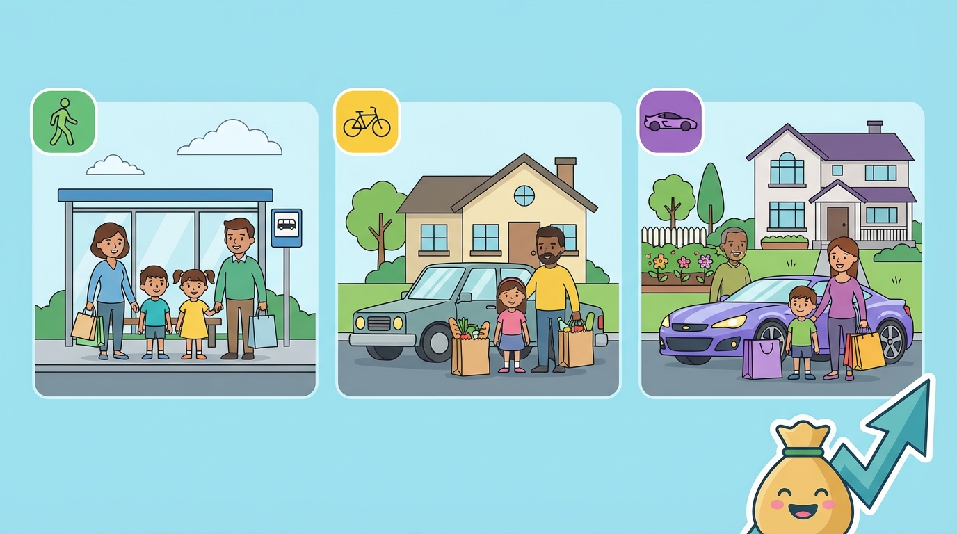 A colorful illustration divided into three sections showing three shopping carts. The first cart has only basic bread and milk, the second cart is full of groceries and a toy, and the third cart is overflowing with goods and electronics, representing different purchasing powers.