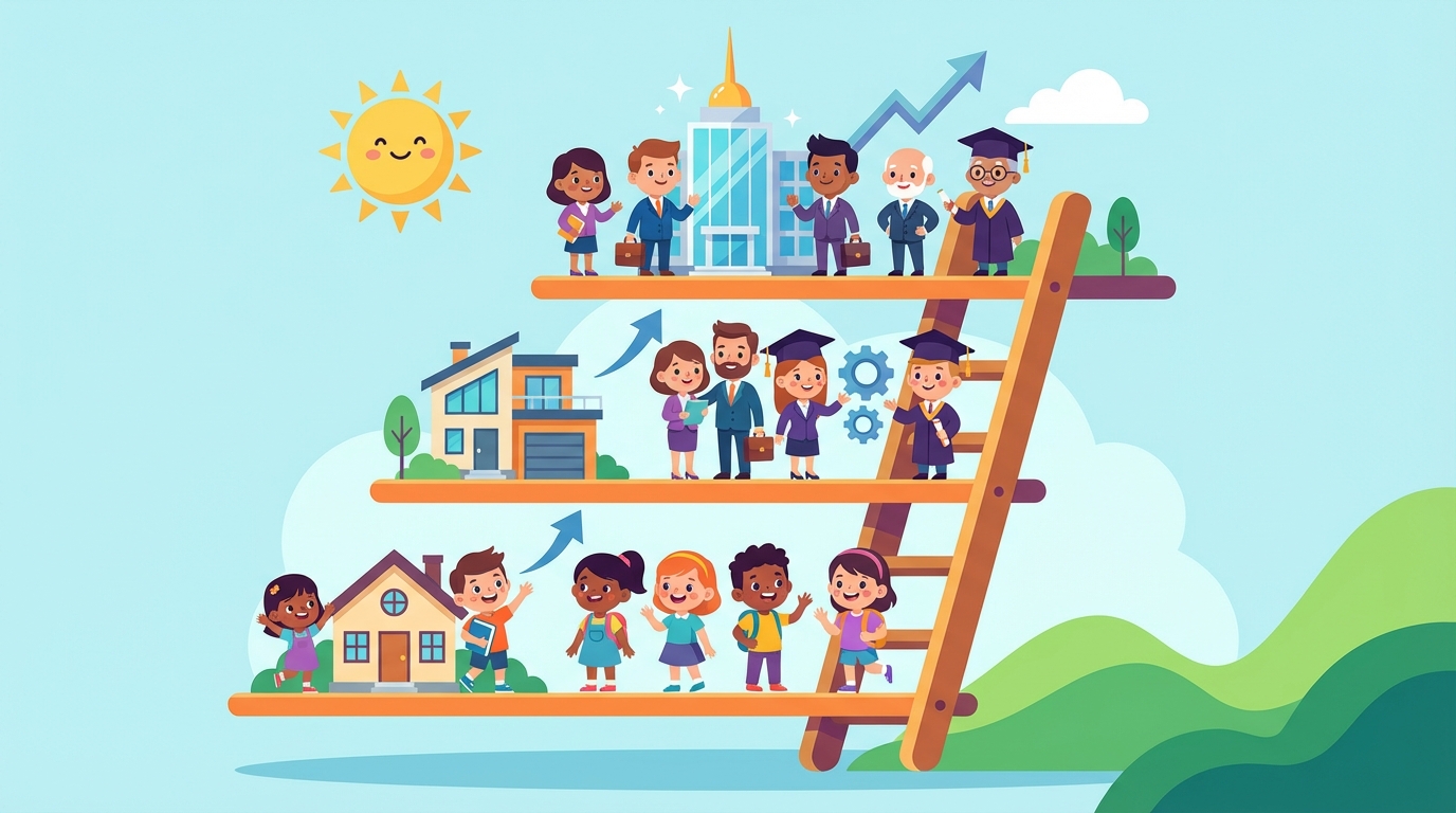 A colorful illustration showing a diverse group of people climbing a stylized ladder, with icons representing books, graduation caps, and tools on the steps.